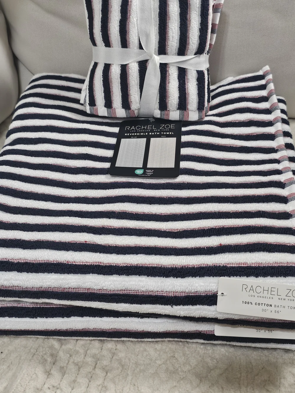 Rachel Zoe Bath 2 Towels Reversible Navy, White Red Striped Cotton & 4 wash clot
